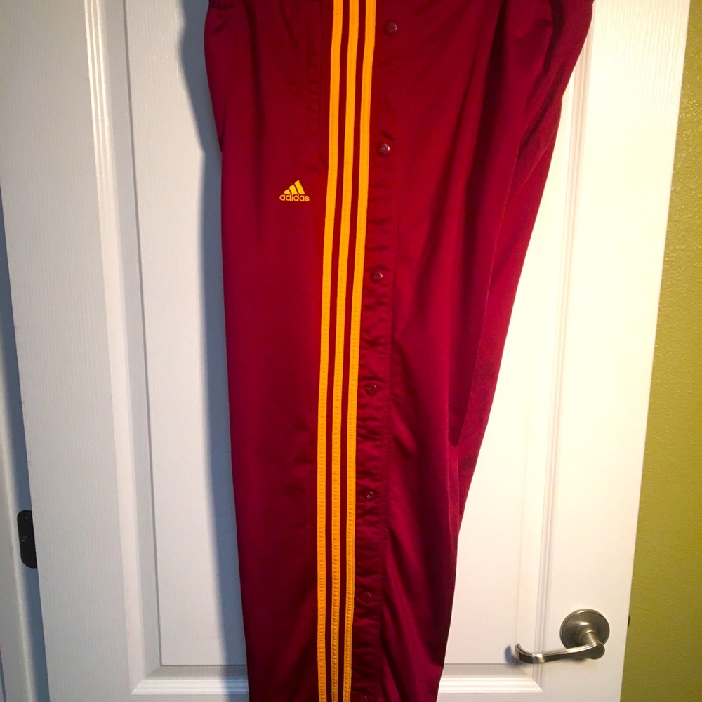 Adidas track / basketball snap up (tear away) pants mens L maroon / yellow